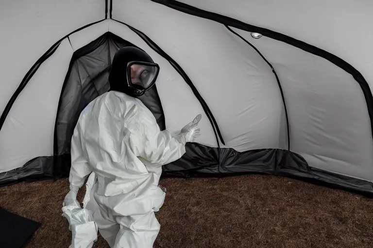 Prompt: man wearing hazmat suit in clean tent. by Roger Deakins