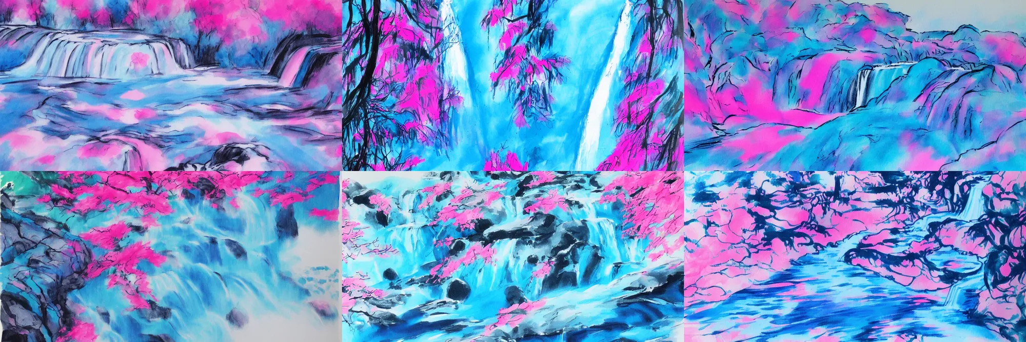 Prompt: an endless waterfall, blue and pink colour splash, painted with a thin brush, detailed sumi-e illustration