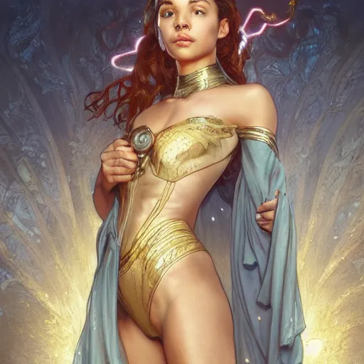 Prompt: full figure ultra realistic illustration, madeleine mantock as marvel enchantress, intricate, elegant, highly detailed, digital painting, artstation, concept art, smooth, sharp focus, illustration, art by artgerm and greg rutkowski and alphonse mucha