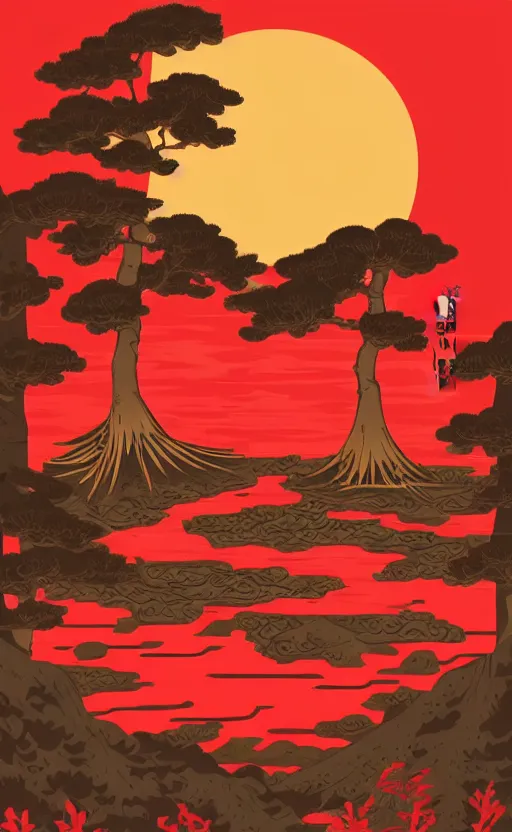 Prompt: hanafuda, an aperture to a lake in a forest of japanese pines, a big red sun in the background, front game card, vector line art, trending on behance, concept art, stunning, matte