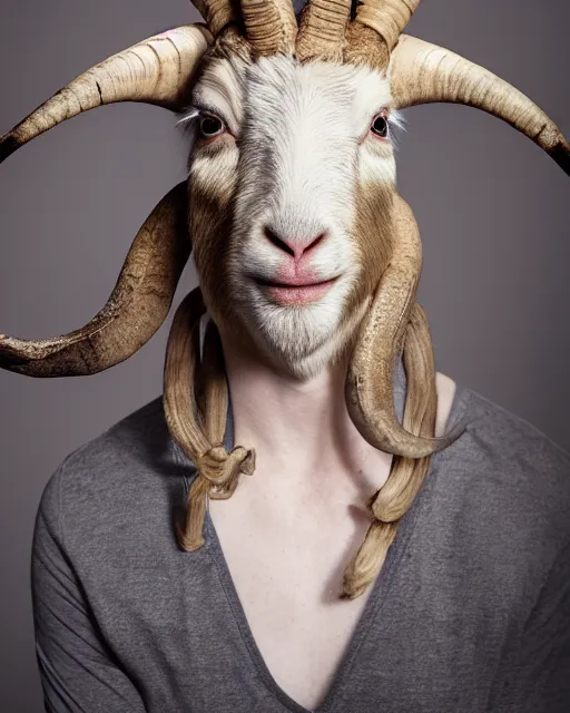 Image similar to headshot of satyr looking angry ellen degeneres with yellow goat like eyes, goat horns, and large goat ears, studio lighting, 8 k, photo shoot, 9 inch kershaw soft focus lens f / 5. 6