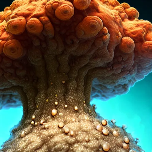 Image similar to a close up of an animal under water, living fungal colony, tryptophobia mushroom, rhizomorphic mycelium hyphae, space nebula look, a microscopic photo by alberto seveso, featured on zbrush central, nuclear art, rendered in cinema 4 d, octane render, polycount