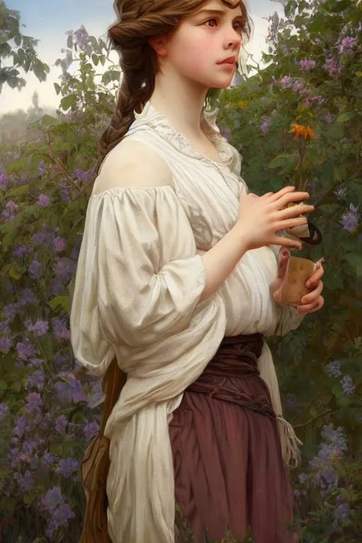 Image similar to beautiful cottagecore young peasant maiden, innocent, intricate, elegant, highly detailed, digital painting, artstation, concept art, smooth, sharp focus, illustration, art by artgerm and greg rutkowski and alphonse mucha