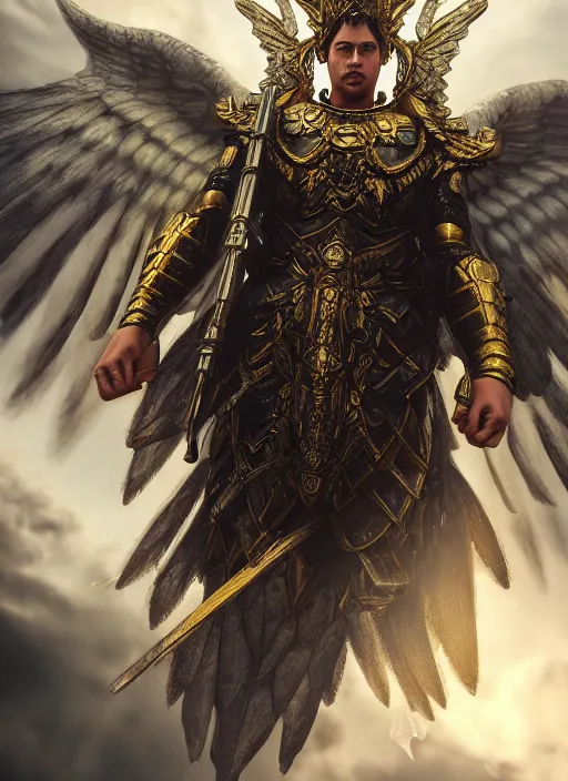 Image similar to archangel micheal flying in sky by huang guangjian, taekwon kim rostbite 3 engine, cryengine, dof, trending on artstation, digital art, chanel, dior, fantasy and detailed and intricate background