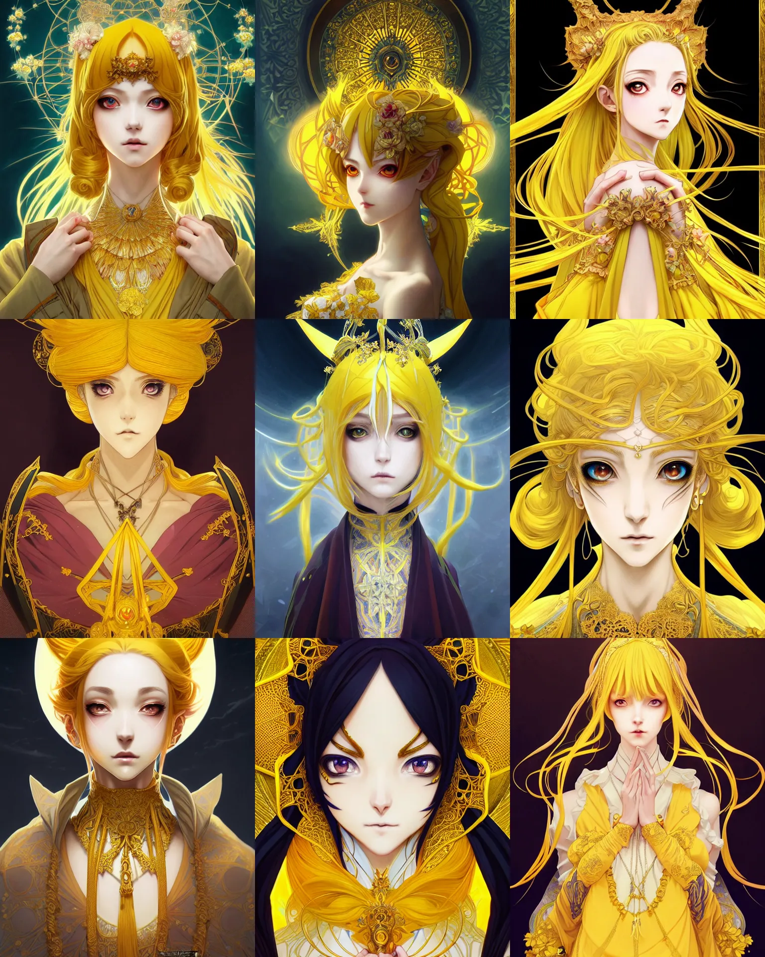 Prompt: symmetry!!!!!! beautiful anime yellow witch close portrait, wearing ornate clothing, ultra detailed, elegant, intrincate, anime, video game art, fairy tale, dynamic lighting, digital art, digital painting, artstation, wlop, sharp focus, illustration, art by artgerm and greg rutkowski and alphonse mucha, 8 k