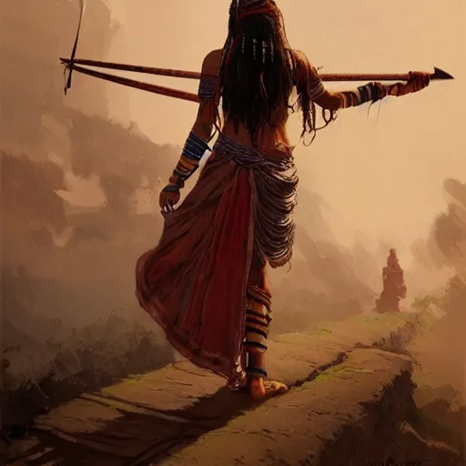 Image similar to back view of a beautiful indian tribal woman warrior, by dreadjim, Greg Rutkowski, james gurney, low angle view, masterpiece, cinematic