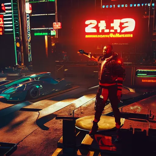 Image similar to 2 1 savage preforming on a stage in front of a crowd in cyberpunk 2 0 7 7, gameplay screenshot, detailed