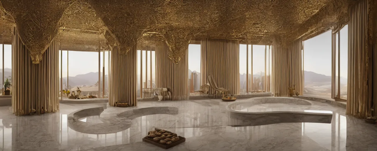 Prompt: photo of a cinematic interior of a double height hyper luxury spa with everything made of gold, candles, silk wavy curtains, ( ( ( windows with view to desert mountains and river ) ) ), beige stone marble floor with reflection, small wellness relaxation pool, intricate hieroglyph detailed roof, contemporary design, sacred geometry, 8 k, hyperrealistic, photorealism,