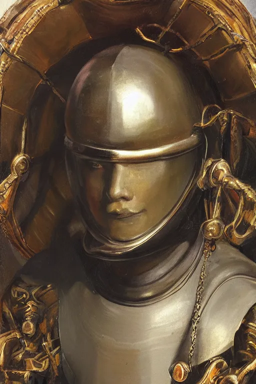 Image similar to hyperrealism oil painting, close - up portrait of face hiding in stingray medieval fashion model, knight, steel gradient mixed with nebula sky, in style of baroque mixed with 7 0 s book art