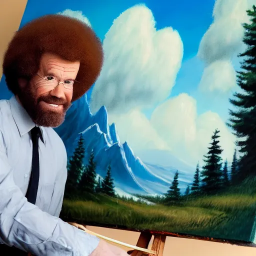 Image similar to a closeup photorealistic photograph of bob ross working on a canvas painting of captain america. happy trees, mountain scape. film still. brightly lit scene. this 4 k hd image is trending on artstation, featured on behance, well - rendered, extra crisp, features intricate detail, epic composition and the style of unreal engine.