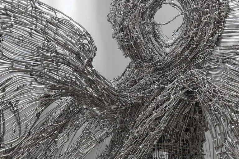 Image similar to an extremely high quality hd, a large metal sculpture of a winged creature, cyberpunk art by peter gric, featured on zbrush central, gothic art, seemingly made of paperclips, apocalypse art, dystopian art, 8 k, ultra realistic, very realistic