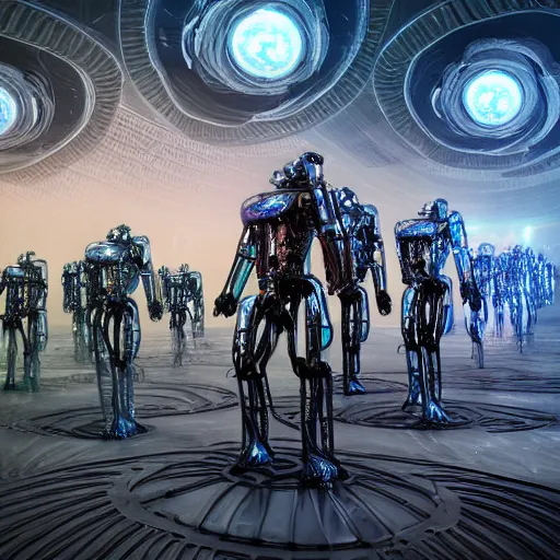 Image similar to love, joy, realistic textured magnetosphere humanoids, complex cybernetic glowing vortexes, large array, ornate, cinematic light shadows, hdr refractions, insanely detailed rendering, cybernetic civilisations, 8 k, *