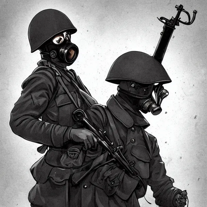 Prompt: portrait of a ww 1 german soldier with gas mask and rifle running towards us, scary, dark ominous mood, in the style of artgerm and charlie bowater and atey ghailan and mike mignola, epic cold blue lighting, red rim light, vibrant colors and hard shadows and strong rim light, comic cover art, plain background, trending on artstation