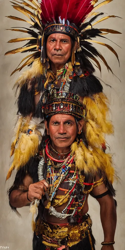 Prompt: portrait of inca king in 1 4 1 8, pacha kutiq inka yupanki. gold jewelry, old headdress with feather, with a red cape. unreal 5, hyper realistic, realistic, photo realistic, dynamic lighting, highly detailed, cinematic landscape, studio landscape, studio lighting