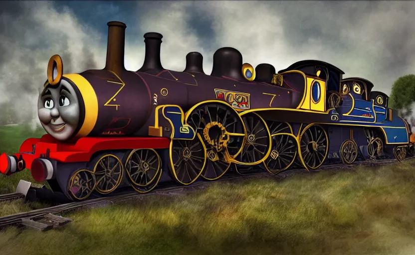 Image similar to A steampunk re-imagination of Thomas the tank engine train, modern digital art
