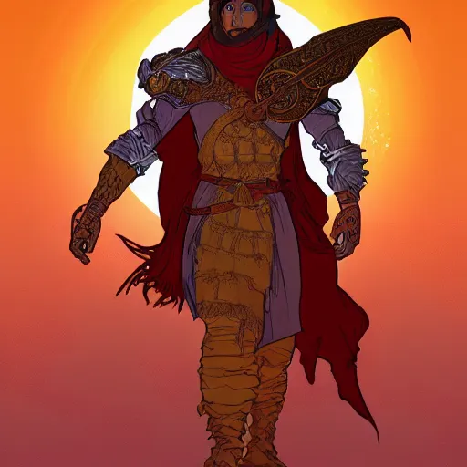 Image similar to an ultra detailed vector image of solaire of astora dressed as the prince of persia, concept art by alphonse mucha and greg rutkowski, bright red desert sands, bright yellow and red sun, octane render, praise the sun