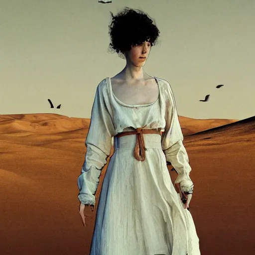 Image similar to a girl with white dress inside the desert some crows around her by egon schiele and michael angelo, baroque, neo Gothic,matte painting, baroque detailes,photo real,concept art,highly detailed,sharp lines, hdri, 4k