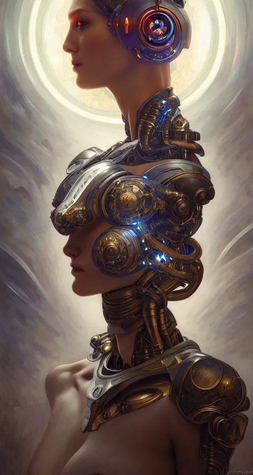 Image similar to cyborg recharging, diffuse lighting, fantasy, intricate, elegant, highly detailed, lifelike, photorealistic, digital painting, artstation, illustration, concept art, smooth, sharp focus, art by John Collier and Albert Aublet and James jean and Brian froud and ross tran and Artem Demura and Alphonse Mucha