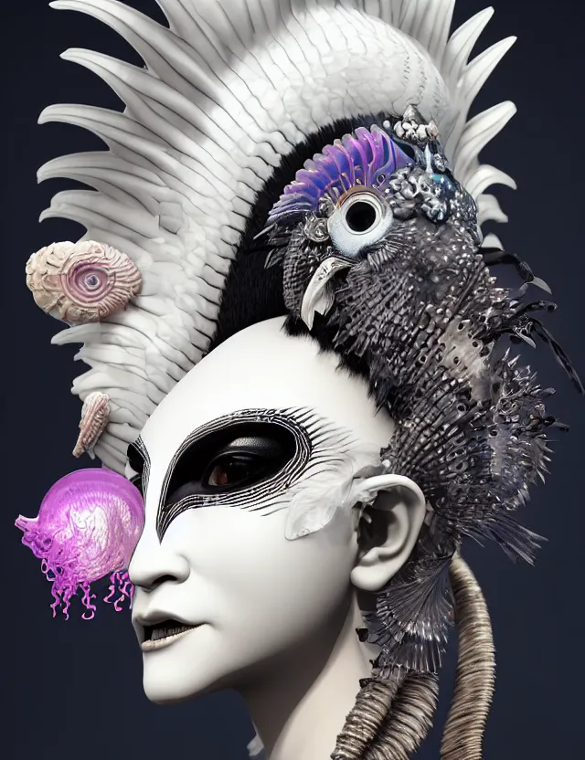 Image similar to 3 d goddess close - up profile simple portrait punk with mohawk with ram skull. beautiful intricately detailed japanese crow kitsune mask and clasical japanese kimono. betta fish, jellyfish phoenix, bio luminescent, plasma, ice, water, wind, creature, artwork by tooth wu and wlop and beeple and greg rutkowski