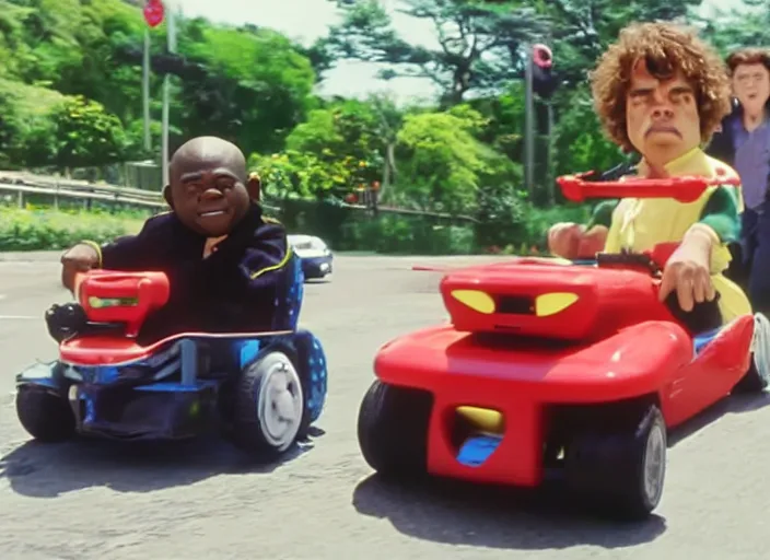 Prompt: peter dinklage racing gary coleman driving a little tikes cars in japan, movie still, from the new fast and furious movie, 8 k, realistic