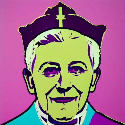 Image similar to portrait of pope benedict xvi wearing tiara on the top of his head in the style of screen print by andy warhol. pop art