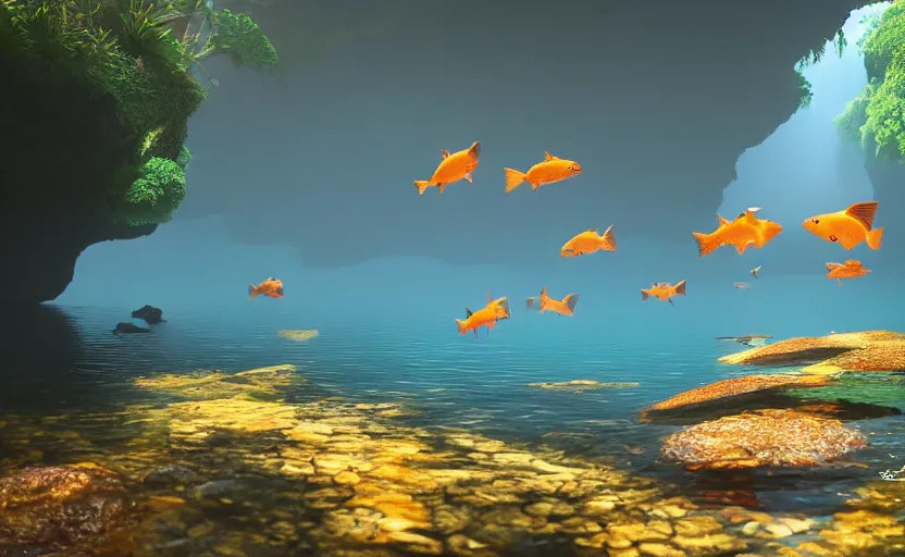 Image similar to a cave lake with some orange fish swimming inside, studio ghibli, pixar style, octane render, unreal engine 5, path traced, highly detailed, high quality, 8 k, soft lighting, godrays, complementary colors, natural lighting, water parallax, serene landscape, beautiful, elegant, digital painting