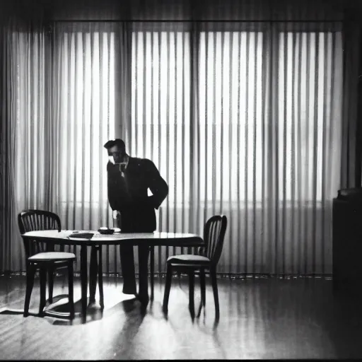 Image similar to wide angle of detective standing in apartment holding a bottle of alcohol, venetian blinds in the background, table and chairs against the wall, black and white, 4k, movie frame from 1940s noir film