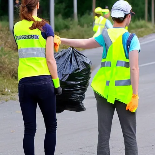 Prompt: emma watson in a hi vis vest picking up trash on the side of the road. midday sun,