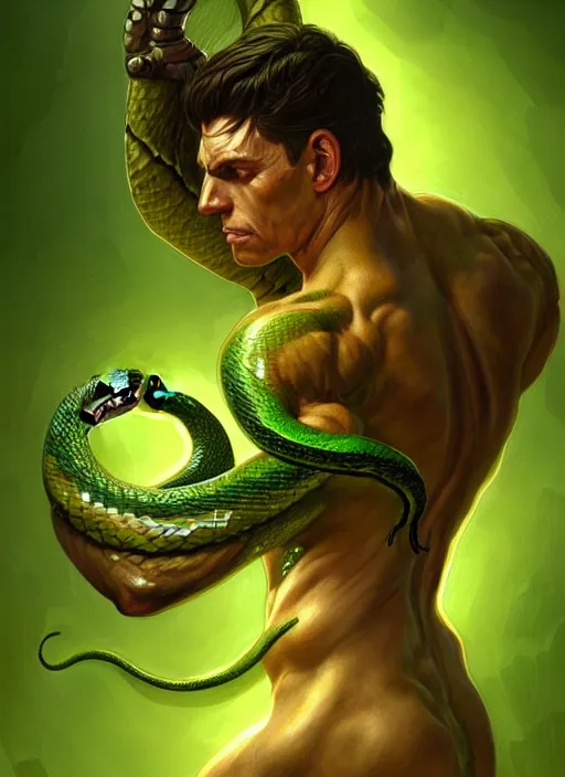 Image similar to portrait of aggressive snake humanoid, d & d, muscular!, green, fantasy, intricate, elegant, highly detailed, digital painting, artstation, concept art, smooth, sharp focus, illustration, art by artgerm and greg rutkowski and alphonse mucha