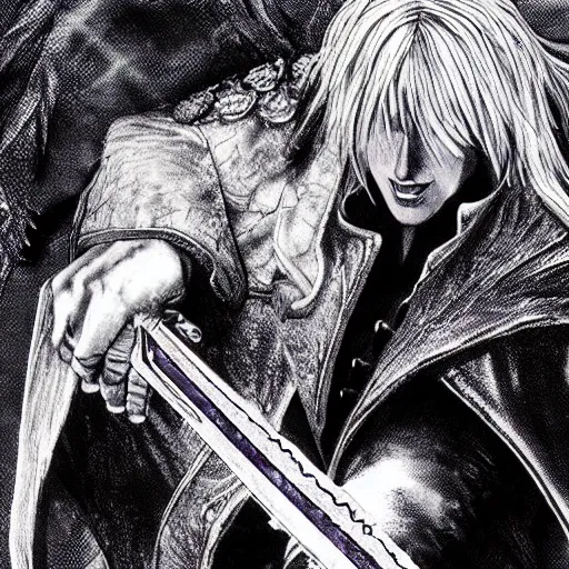 Image similar to Dante from Devil May Cry in Castlevania Symphony of the Night, highly detailed, illustration