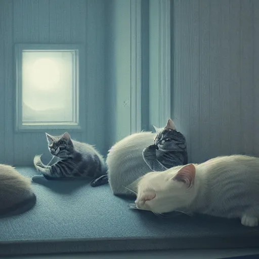 Prompt: cats sleeping in warm room by Mike Winkelmann