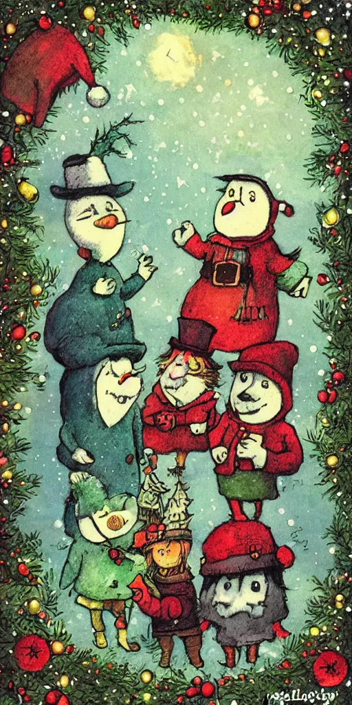 Prompt: an christmas greeting card scene by alexander jansson, joel fletcher, owen klatte, angie glocka, justin kohn, maurice sendak. christmas color palette.