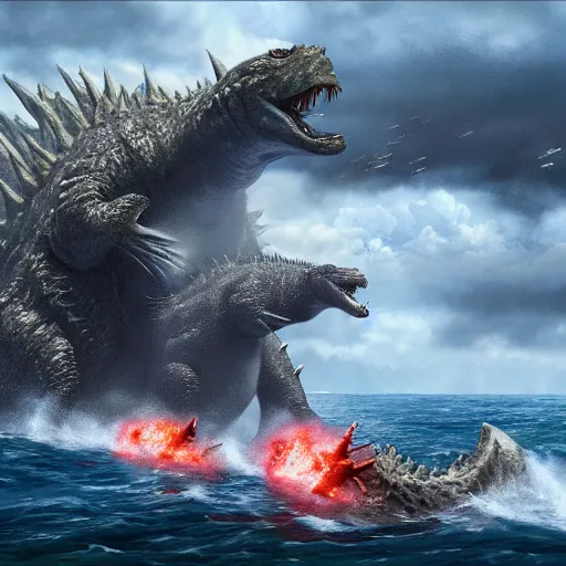 Image similar to Battle of two godzillas in the sea, very detailed, very realistic, artstation