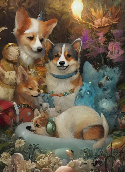 Prompt: beautiful fantasy painting scne of a chill summer corgi party, by Kenne Gregoire, James Jean, Tran Nguyen, WLOP, Jakub Rebelka. trending on Artstation, 8k, masterpiece, face enhance, graffiti paint, fine detail, full of color, intricate detail, golden ratio illustration