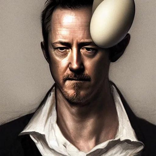 Image similar to a boiled egg with the shell peeling off revealing edward norton's face, highly detailed, dramatic lighting, concept art by caravaggio and greg rutkowski and artgerm