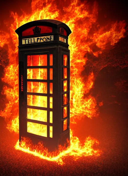 Image similar to a telephone booth on fire, weird, haunted, misty, dark and evil, demonic, sinister, ambient lighting, 8 k render, hyperrealistic, photo realistic