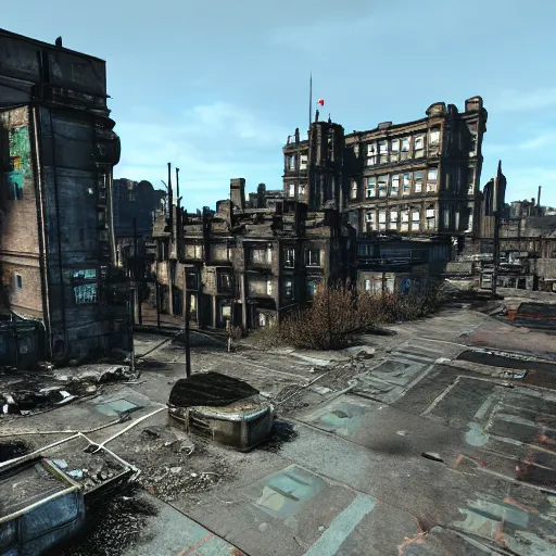 Image similar to Edinburgh in ruins post nuclear war, Fallout 4, in game screenshot