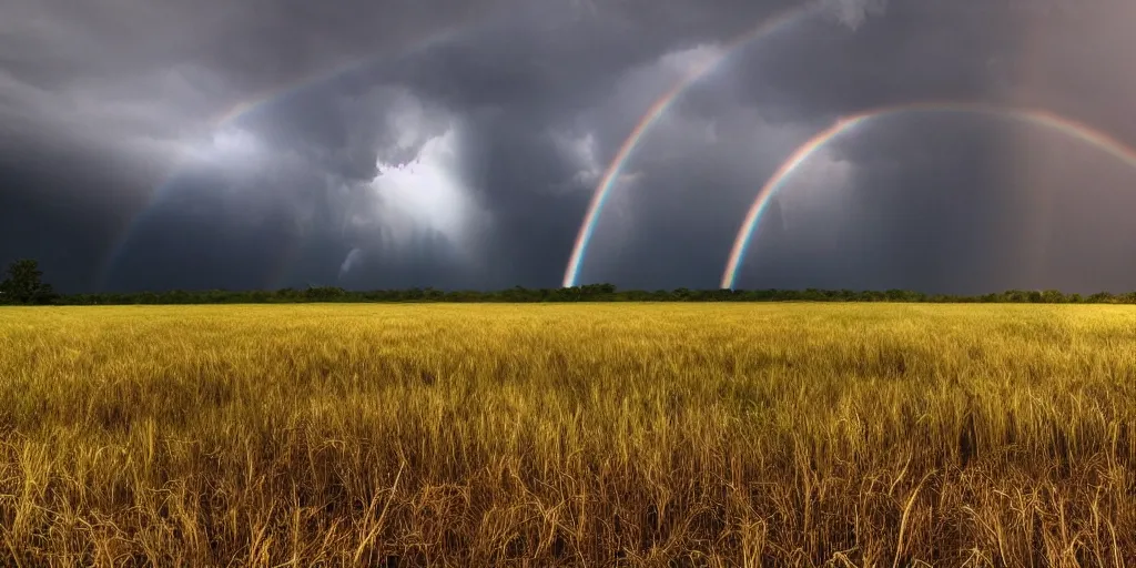 Prompt: detailed fields nature, super storm, faint rainbow, impressive, atmospheric, god rays, cinematic, deep colors, very high complexity, stunning, masterpiece, 3 5 mm, very detailed. 4 k