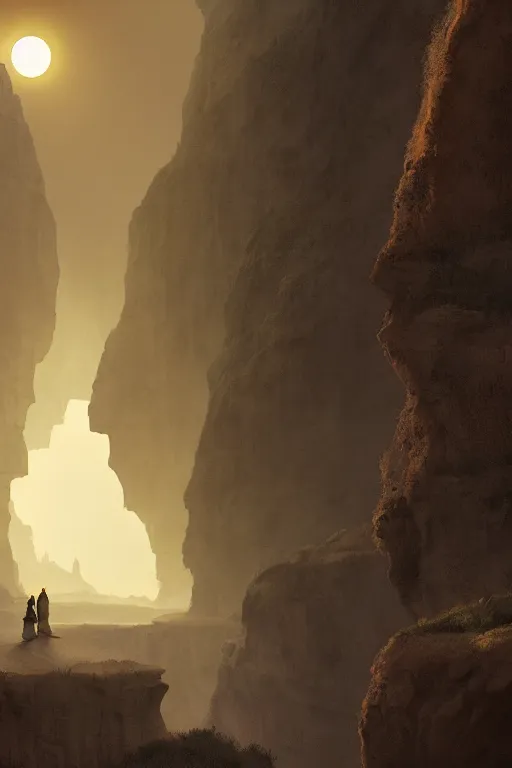 Image similar to monks walking through canyon to ancient temple glowing yellow, carved into cliff, light streaks in the sky, eclipse, dramatic lighting, artstation, matte painting, ralph mcquarrie, simon stalenhag