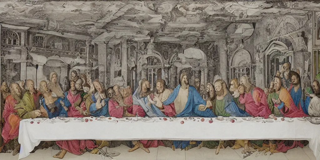 Prompt: multilayer last supper full color gradient pattern of escher style 3 6 0 panorama with hieronymus bosch style bubbles, unfinished, very detailed