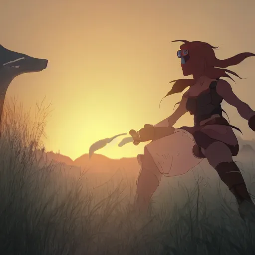 Prompt: female warrior wearing a skull mask, in dynamic pose, surrounded by wolves, fight battle, looking up, sunset, asian, wlop, studio ghibli, screenshot from the anime film by makoto shinkai, 8k