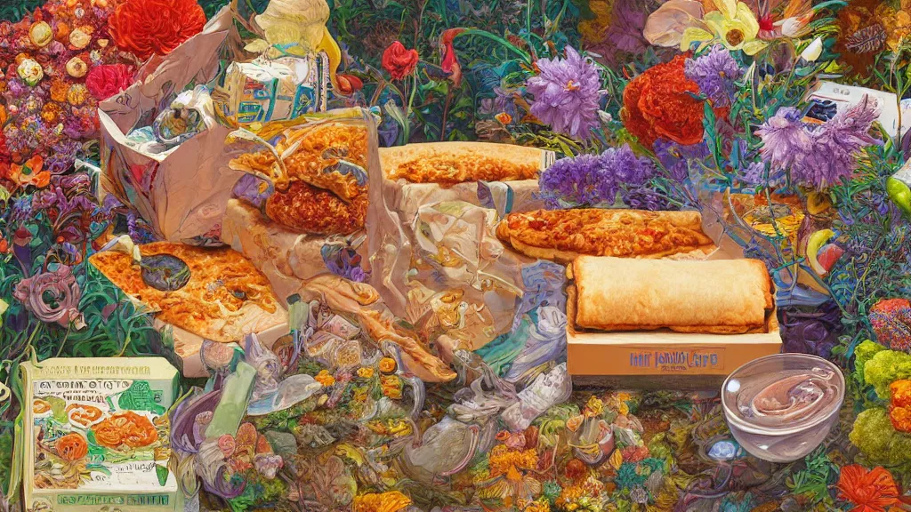 Image similar to highly detailed oil painting of a box of hot pockets surrounded by all the known species of flowers by olaf hayek, by moebius, by oliver vernon, by joseph moncada, by damon soule, by manabu ikeda, by kyle hotz, by dan mumford, by kilian eng