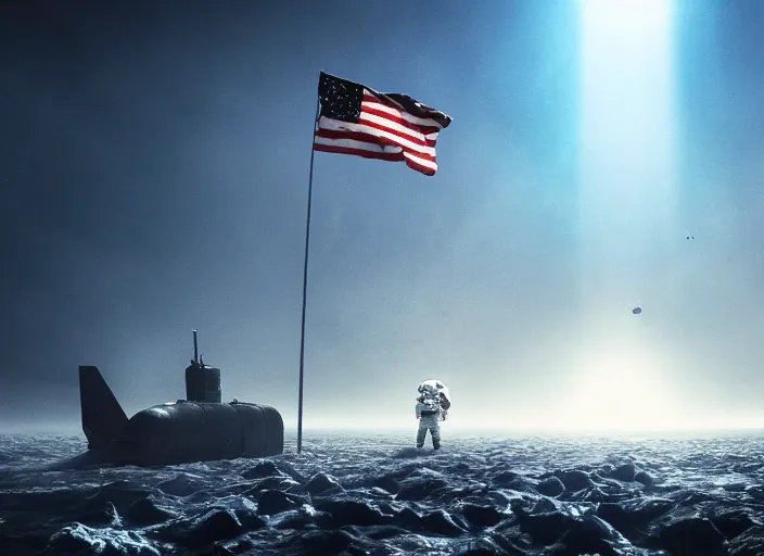 Image similar to astronaut holding a flag in an underwater desert. a submarine is visible in the distance. dark, concept art, cinematic, dramatic, atmospheric, 8 k, trending on artstation, blue, fish, low visibility, fog, ocean floor, christopher nolan, interstellar