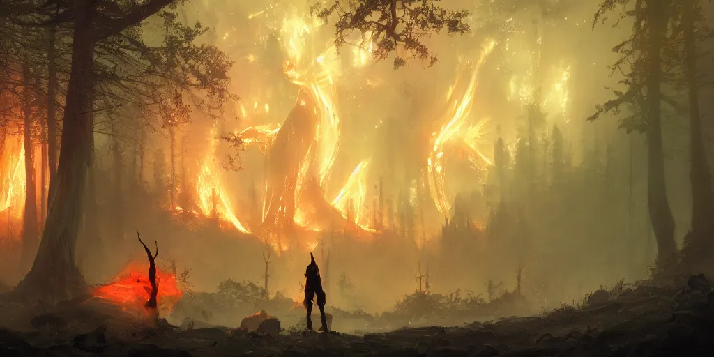 Prompt: in the magical forest fantasy on fires, neon, by craig mullins & peter mohrbacher & ilya kuvshinov, darkness, sauron, beautiful matte painting, unreal engine, featured on artstation, rays of light