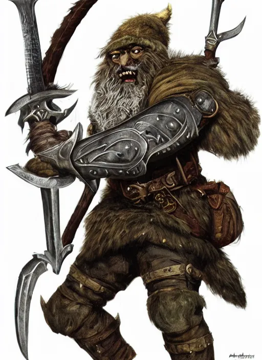 Image similar to strong young man, photorealistic bugbear ranger holding aflaming sword, black beard, dungeons and dragons, pathfinder, roleplaying game art, hunters gear, jeweled ornate leather and steel armour, concept art, character design on white background, by alan lee, norman rockwell, makoto shinkai, kim jung giu, poster art, game art