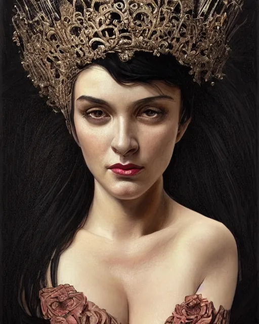 Image similar to portrait of a tall 4 0 - year - old woman with thin lips, long, lush black hair like a crown black, and thick eyebrows, wearing in black clothes, aristocratic appearance, hyper realistic face, beautiful eyes, close up, fantasy art, in the style of greg rutkowski, intricate, alphonse mucha, hyper detailed, smooth