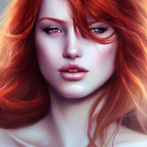 Prompt: beautiful redhead woman, created by charlie bowater, closeup