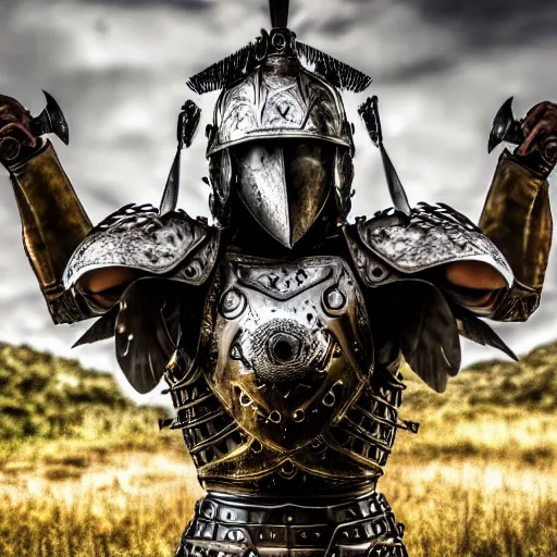 Image similar to photo of a warrior with metal owl armour, highly detailed, 4k, HDR,