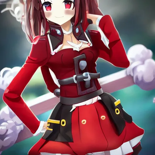 Image similar to Houshou Marine. Hololive character. Anime girl, 宝鐘マリン. Red pirate outfit and black pirate tricorn. brickred outfit colorscheme. Her name is Houshou Marine. Anime cute face