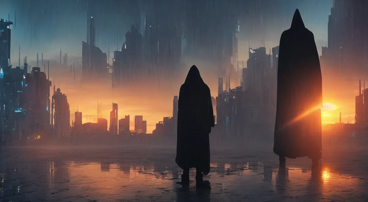 Prompt: a singular cloaked figure standing in the foreground of a cyberpunk landscape, synth, puddles, sunrise